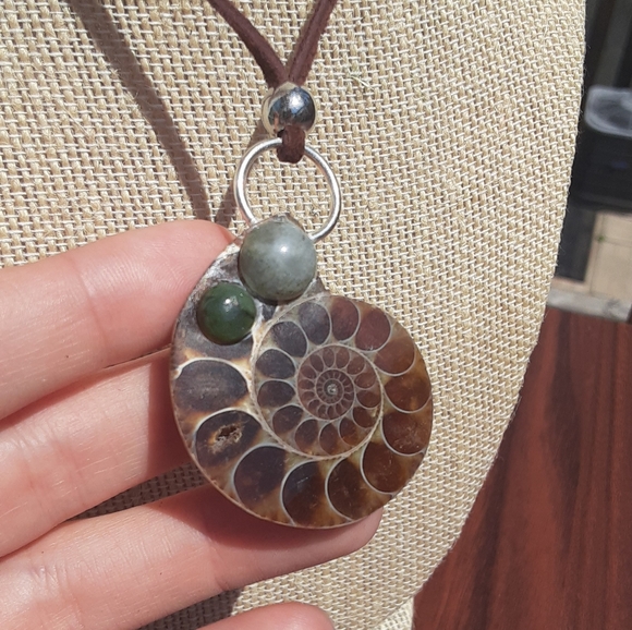 Handmade Ammonite/ Genuine Brown Leather Necklace- Ancient Earthy Vibes- - Picture 5 of 9